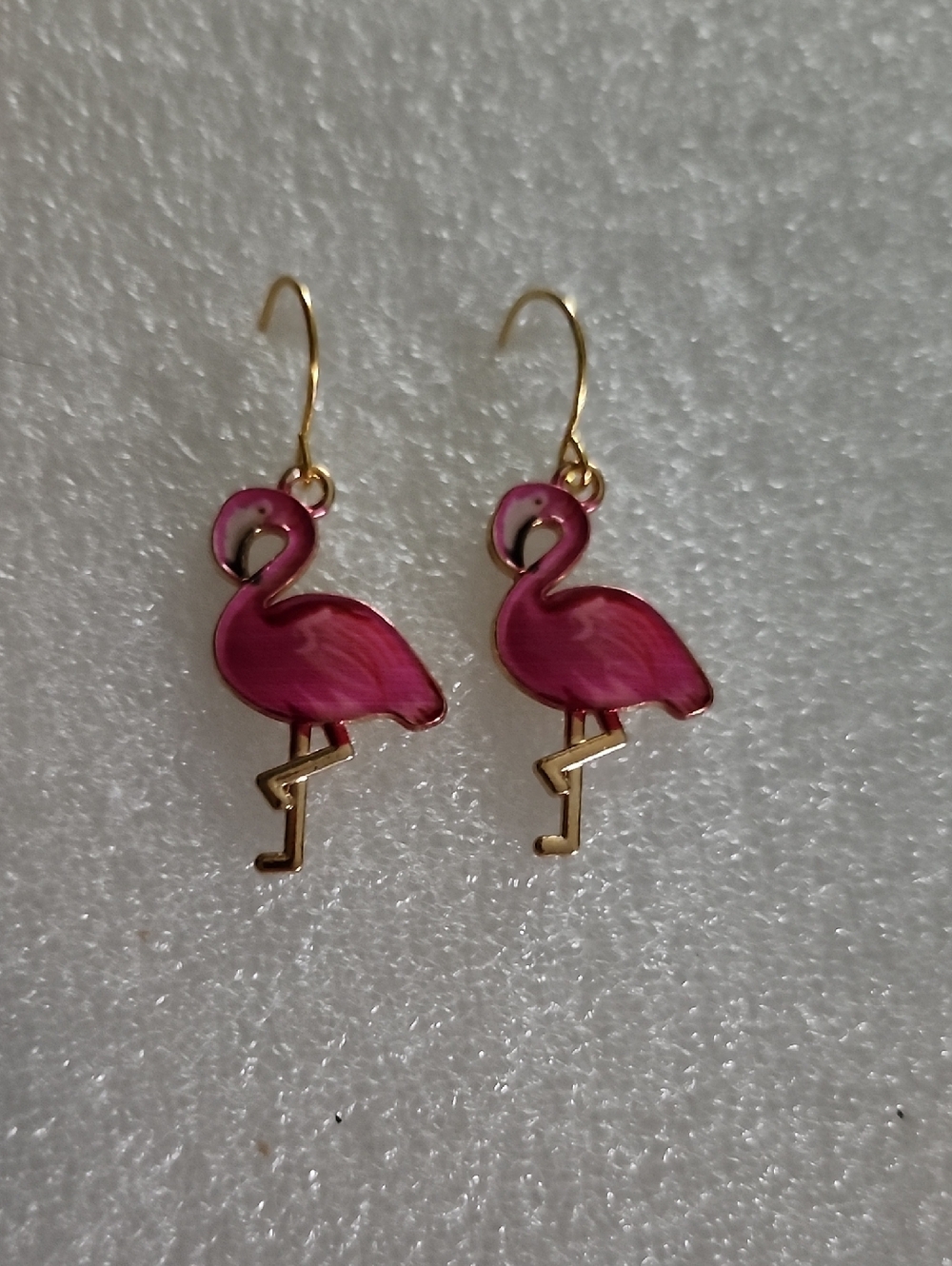 Hand Crafted Pink Flamingo Enamel Drop Earrings - Gold Tone Hooks